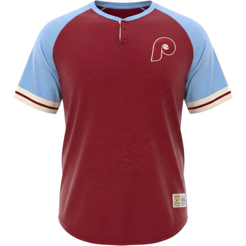 Mitchell & Ness Phillies Henley Shirt Mens 4XL Maroon Blue Cooperstown Slub Knit